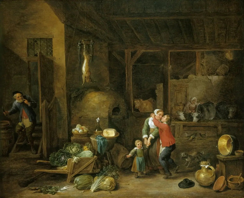 Interiør af et familiehjem med personer (« Den stjålne kys ») - David Teniers den Yngre