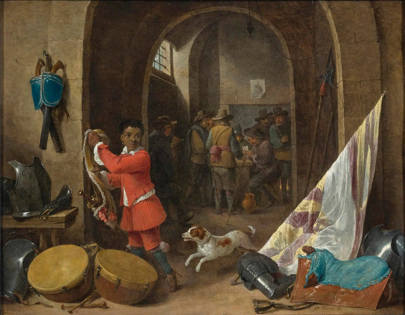 Interiør af en vagtstue med en sort tjener nær et stilleben af en sadel, et banner, trommer og rustninger; soldater der spiller kort i baggrunden - David Teniers den Yngre