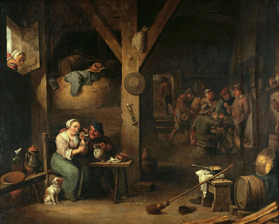 Indre af en kro med en kvinde, der ryger, og en mand, der tilbyder hende et glas under overvågning af en gammel kvinde - David Teniers den Yngre
