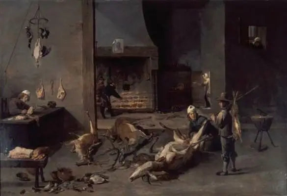 Indretningsdetaljer af køkken med kokke, der forbereder vildt - David Teniers den Yngre