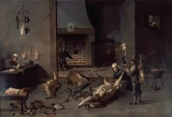 Indretningsdetaljer af køkken med kokke, der forbereder vildt - David Teniers den Yngre