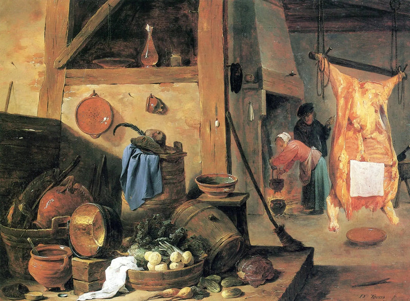 Køkkenindretning med stilleben og slagtet okse - David Teniers le Jeune