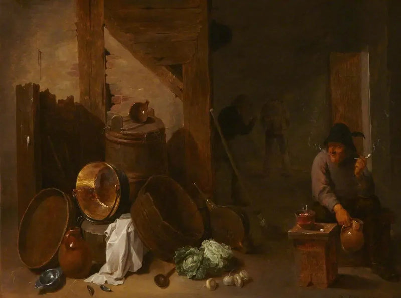 Køkkenindretning med Toper og andre bønder i det fjerne - David Teniers den Yngre