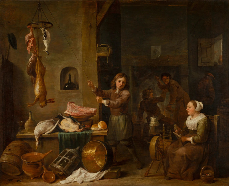 Køkkenindretning med en dreng og en kvinde med et spilbord - David Teniers den Yngre