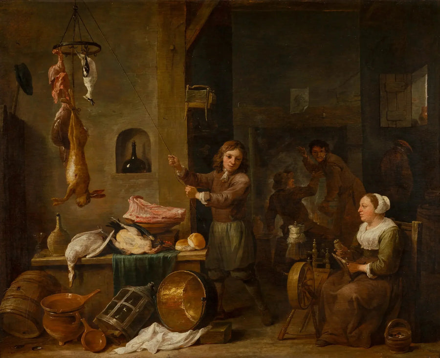Køkkenindretning med en dreng og en kvinde med et spilbord - David Teniers den Yngre