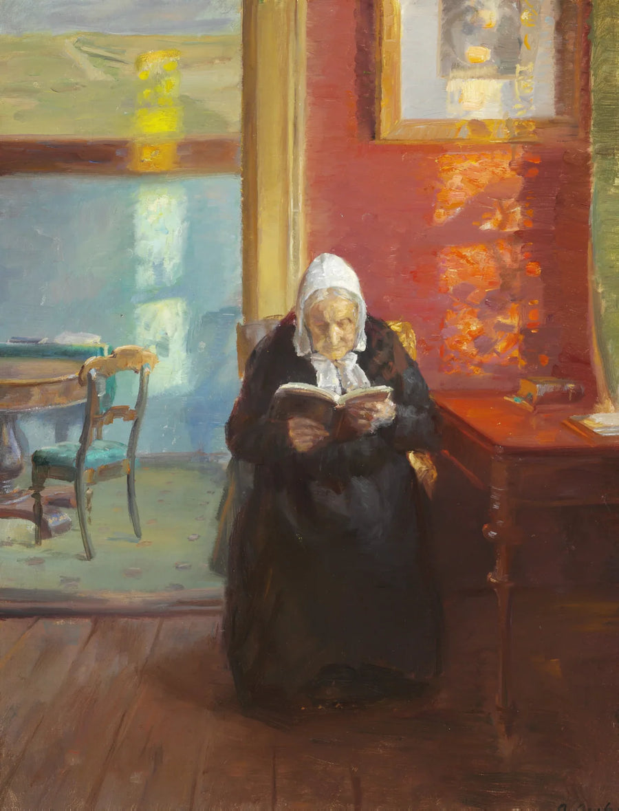 Interiør af det røde rum med kunstnerens mor, Ane Bründum, der læser - Anna Ancher