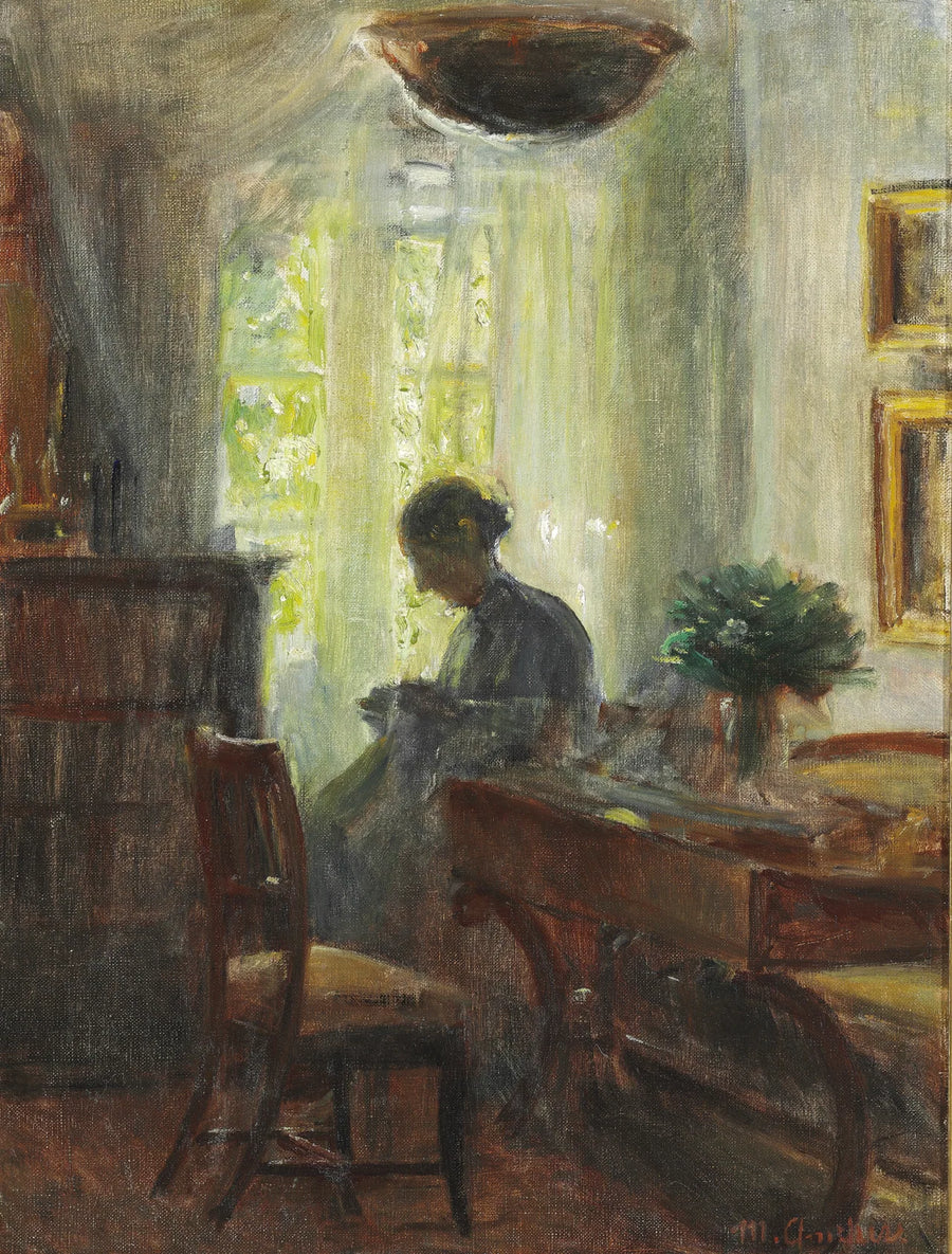 Interiør i kunstnerens hus. Anna Ancher ved sit broderiarbejde - Michael Peter Ancher