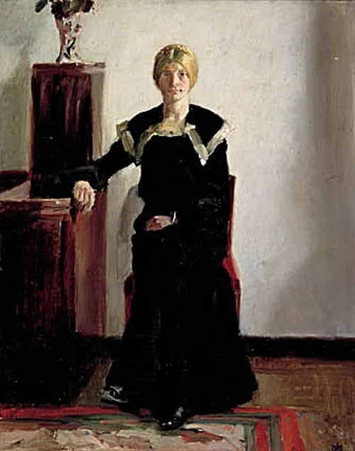 Interiør i kunstnerens hus. En ung kvinde i sort kjole er afbildet. - Michael Peter Ancher