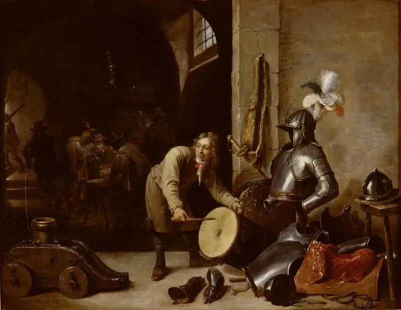 Interiør af vagtstuen med en ung mand, der holder et tromme - David Teniers den Yngre