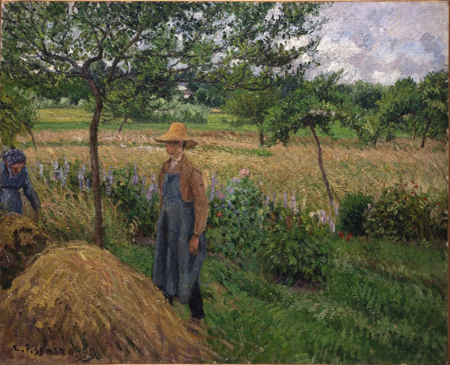 Gartner foran en høstak, gråvejr, Éragny - Camille Pissarro