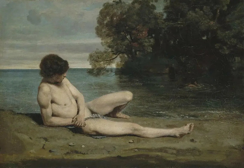 Ung badegænger liggende på stranden - Jean-Baptiste Camille Corot