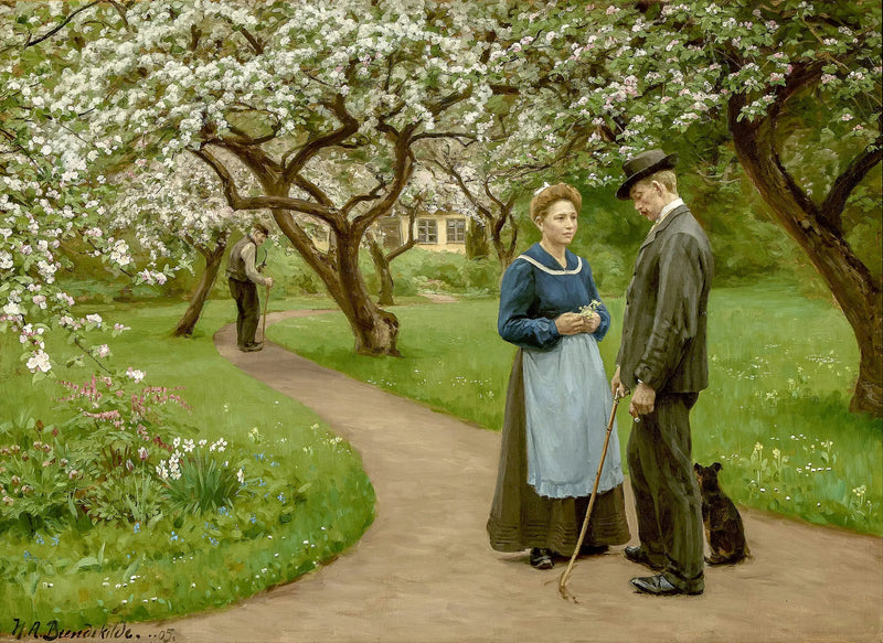 Unge par under frugttræer i blomster, om foråret. - H. A. Brendekilde