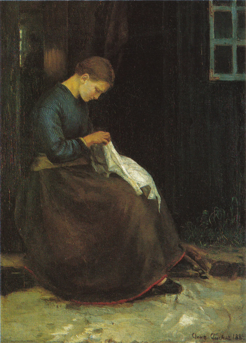 Ung kvinde med sin syning ved døren til et hus - Anna Ancher