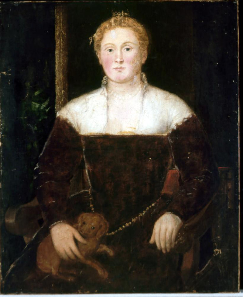 Ung kvinde med en lille hund, måske et medlem af familien Soranzo - Jacopo Tintoretto