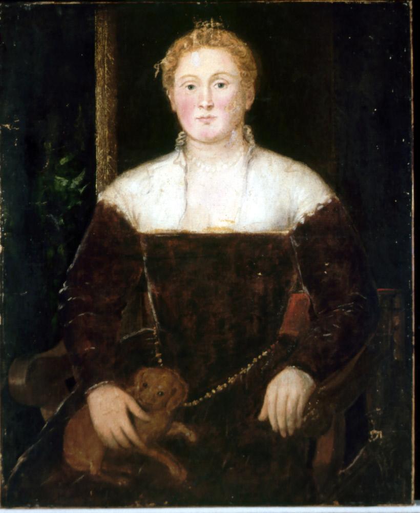 Ung kvinde med en lille hund, måske et medlem af familien Soranzo - Jacopo Tintoretto