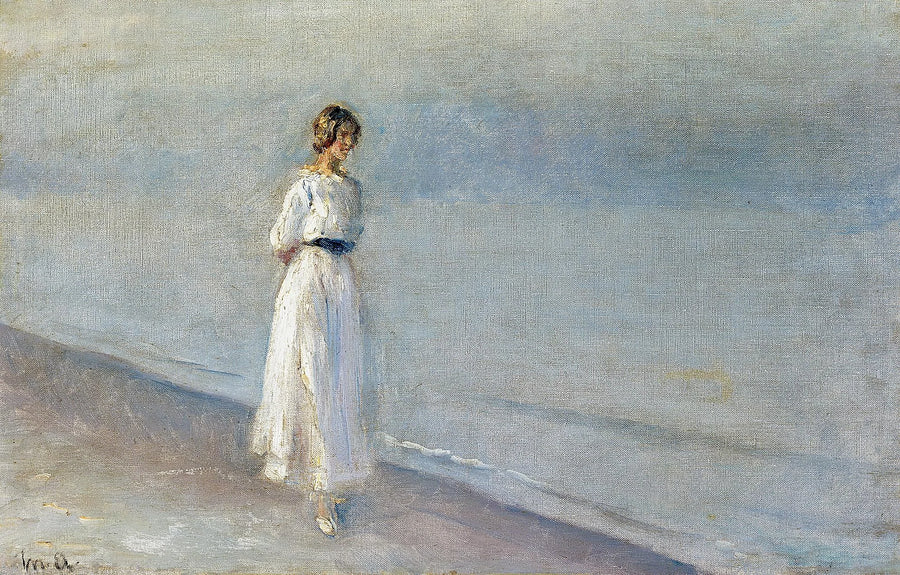 Ung kvinde i hvid kjole ved Skagen Senderstrand. -Michael Peter Ancher