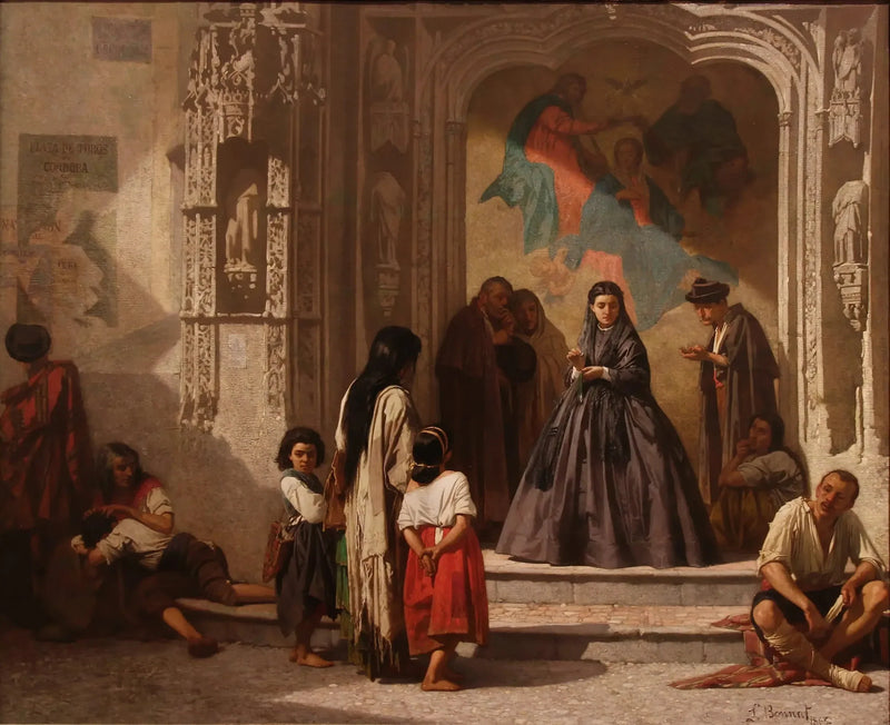 Ung kvinde, der giver velgørenhed ved indgangen til hospitalets kapel i Córdoba - Léon Bonnat