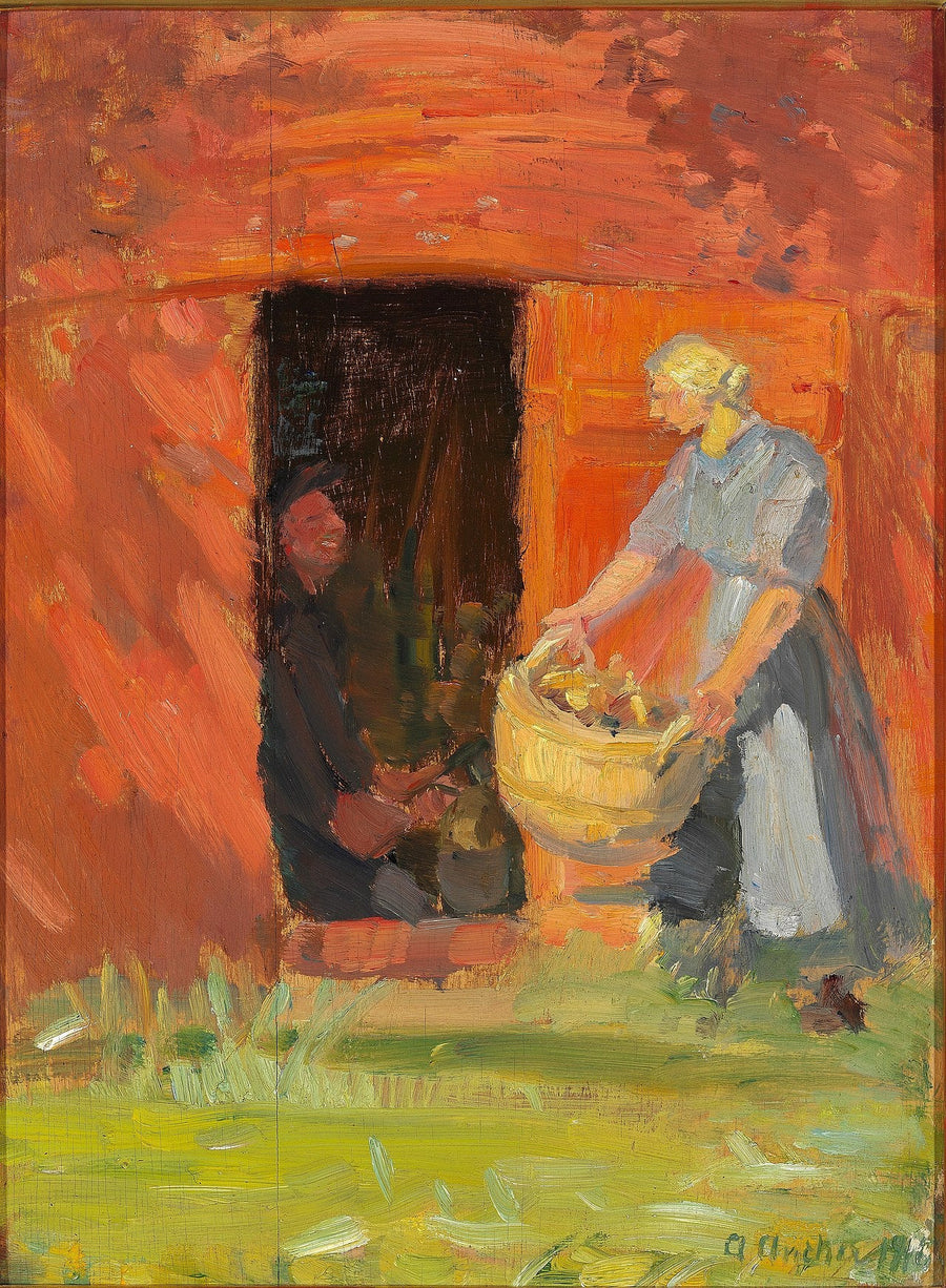 Ung kvinde bærer vasketøj foran et rødt hus i Skagen. - Anna Ancher