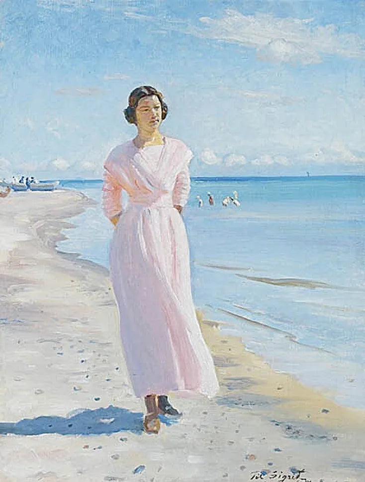 Ung kvinde iført lyserød kjole på Skagens sydstrand. - Michael Peter Ancher