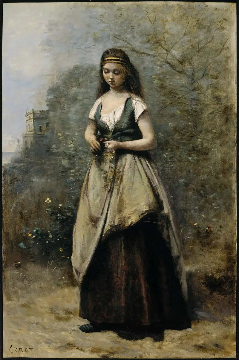 Ung kvinde væver en blomsterkrans - Jean-Baptiste Camille Corot