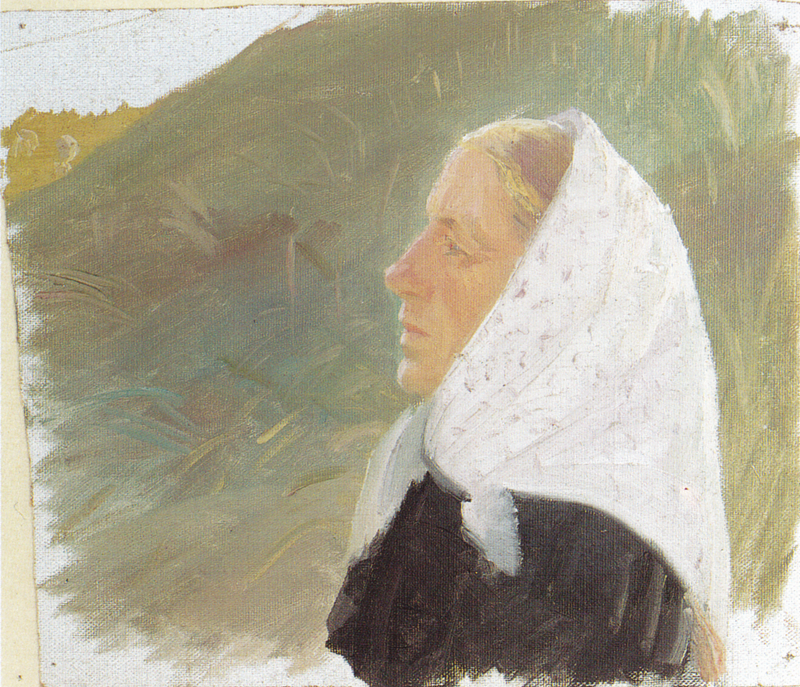 Ung kvinde klædt i sort og med hvidt tørklæde, siddende i klitterne - Anna Ancher