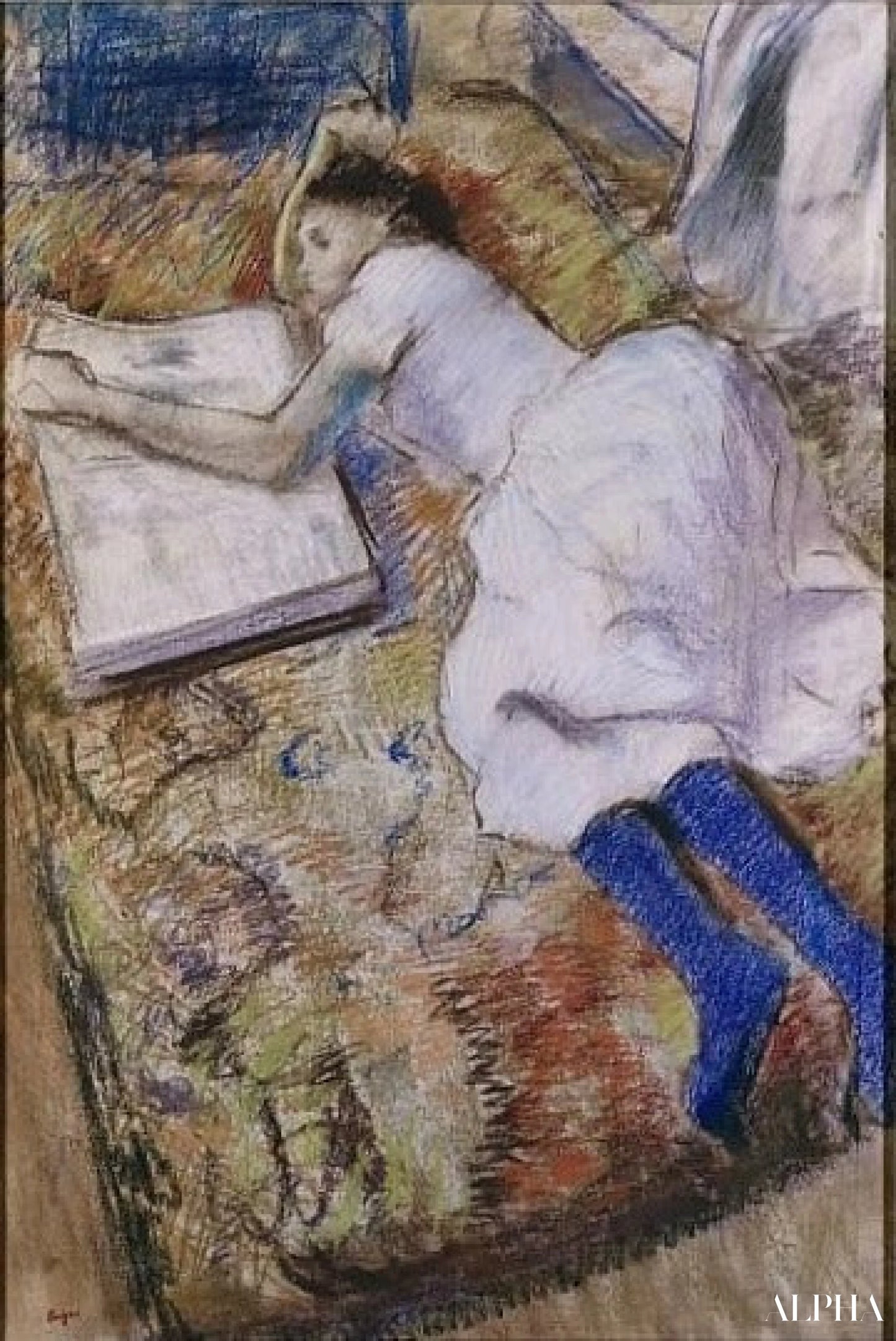 Ung pige liggende og ser på et album - Edgar Degas - Reproduktioner af malerier og højkvalitets malerier