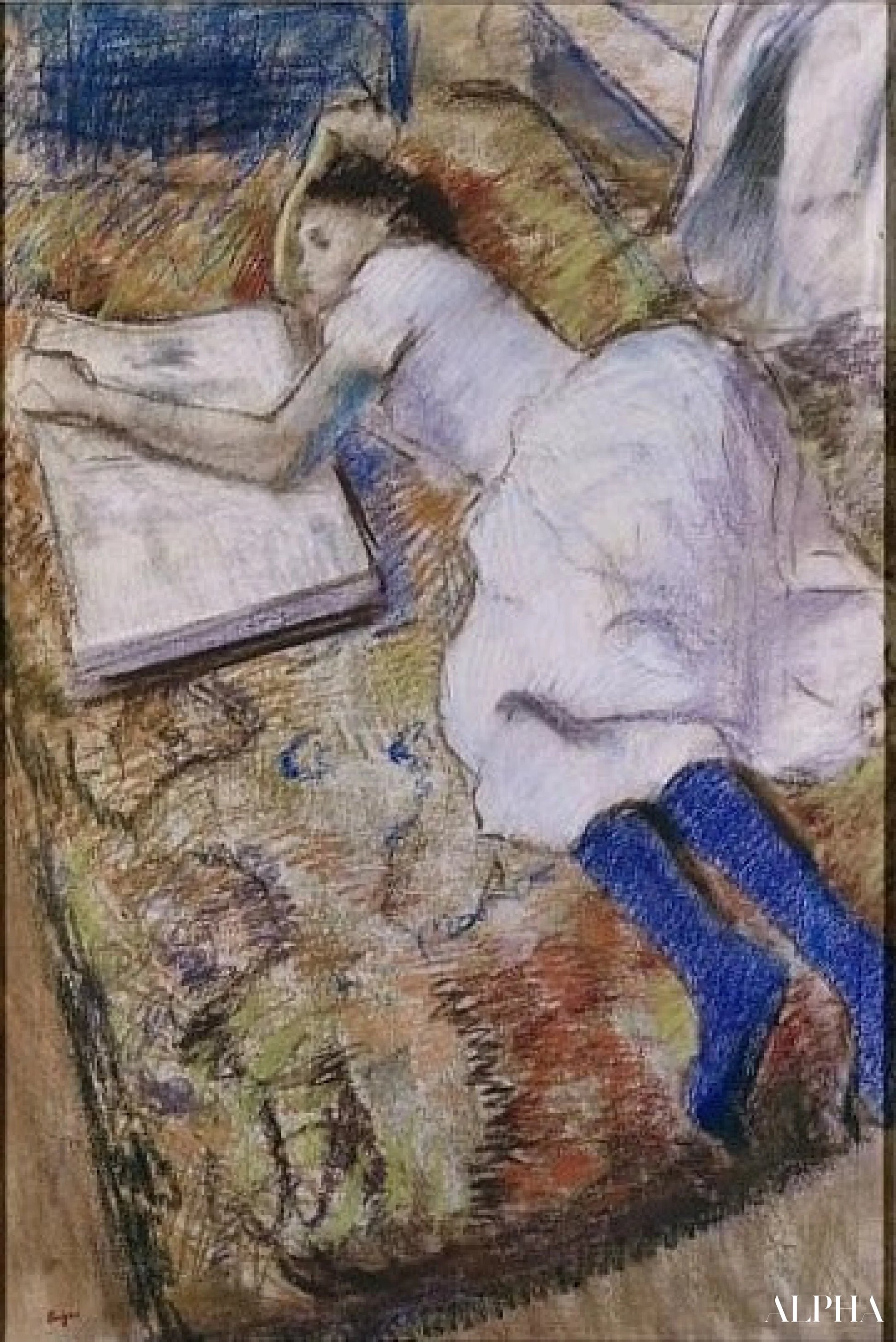Ung pige liggende og ser på et album - Edgar Degas - Reproduktioner af malerier og højkvalitets malerier