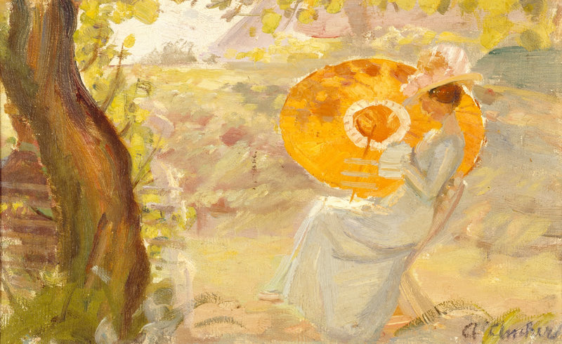 Ung pige i en have med en orange parasol - Anna Ancher