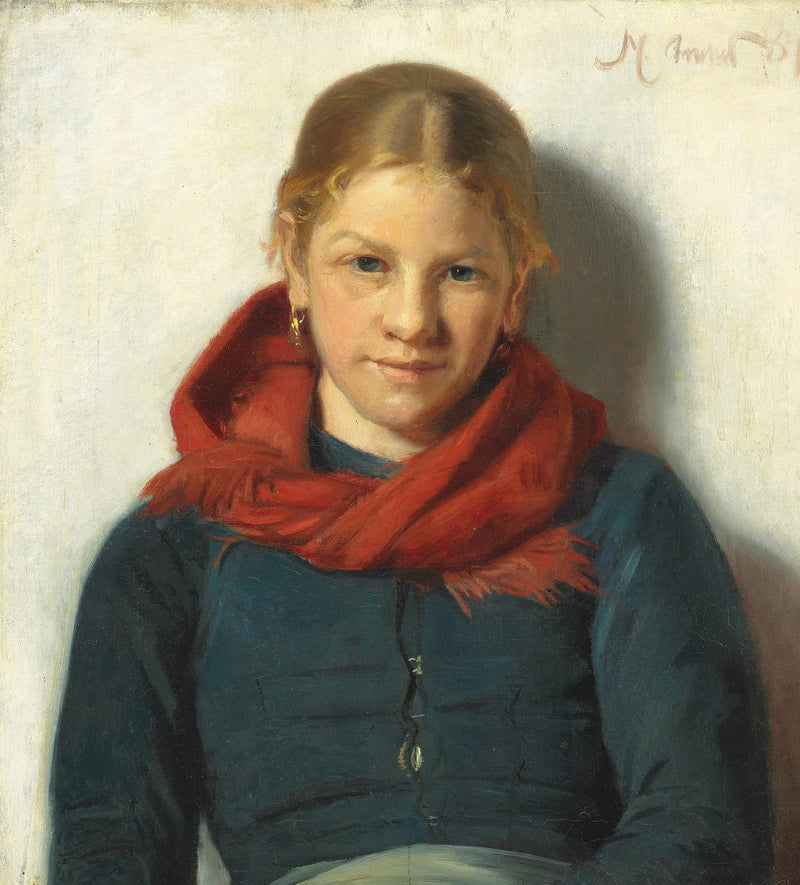 Ung pige fra Skagen klædt i et rødt sjal. - Michael Peter Ancher