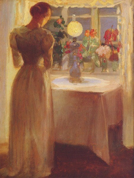Ung pige foran en tændt lampe - Anna Ancher