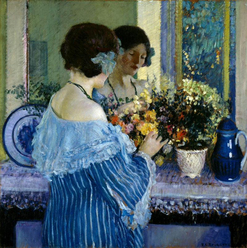 Ung pige i blå, der arrangerer blomster - Frederick Carl Frieseke