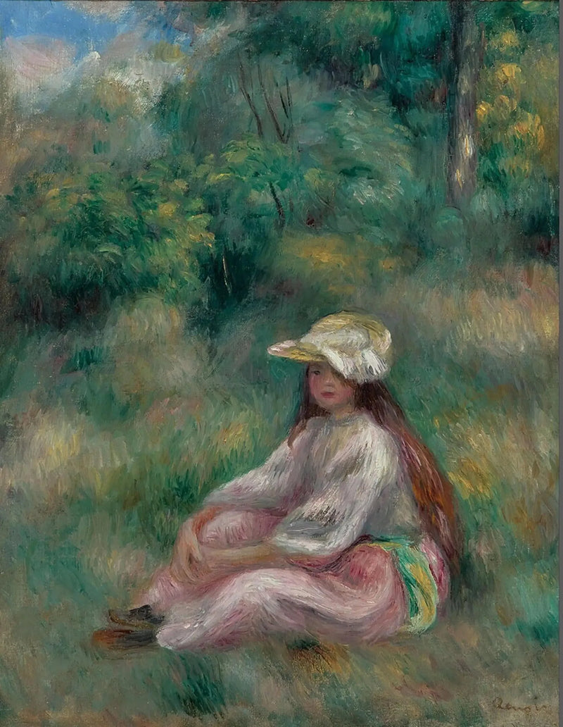 Ung pige i rosa i et landskab - Pierre-Auguste Renoir