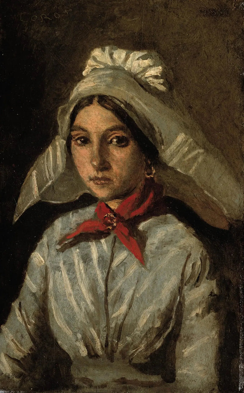 Ung pige iført en stor hat på hovedet - Jean-Baptiste Camille Corot