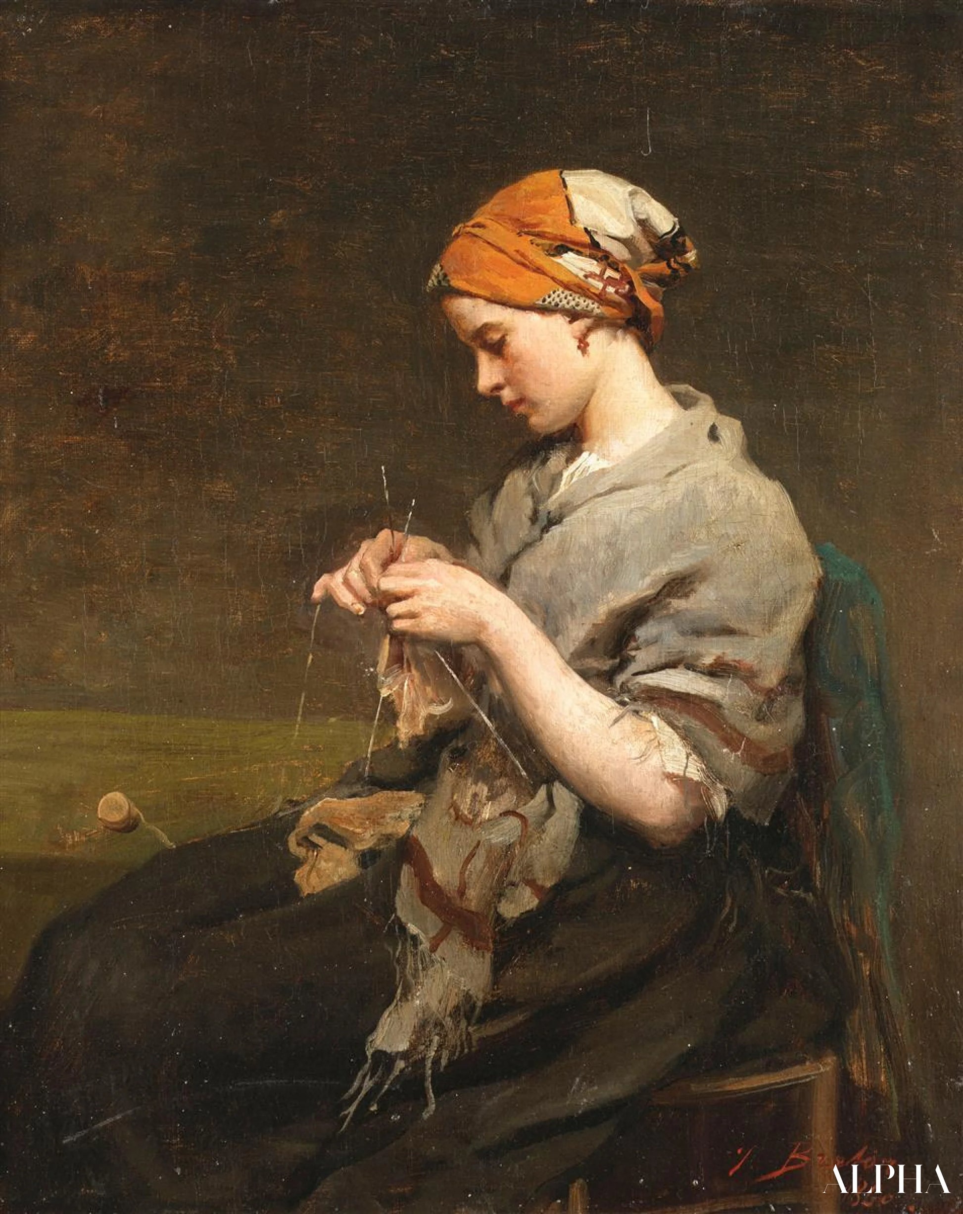 Ung pige der strikker (version 2) - Jules Breton - Reproduktioner af malerier og højkvalitets malerier