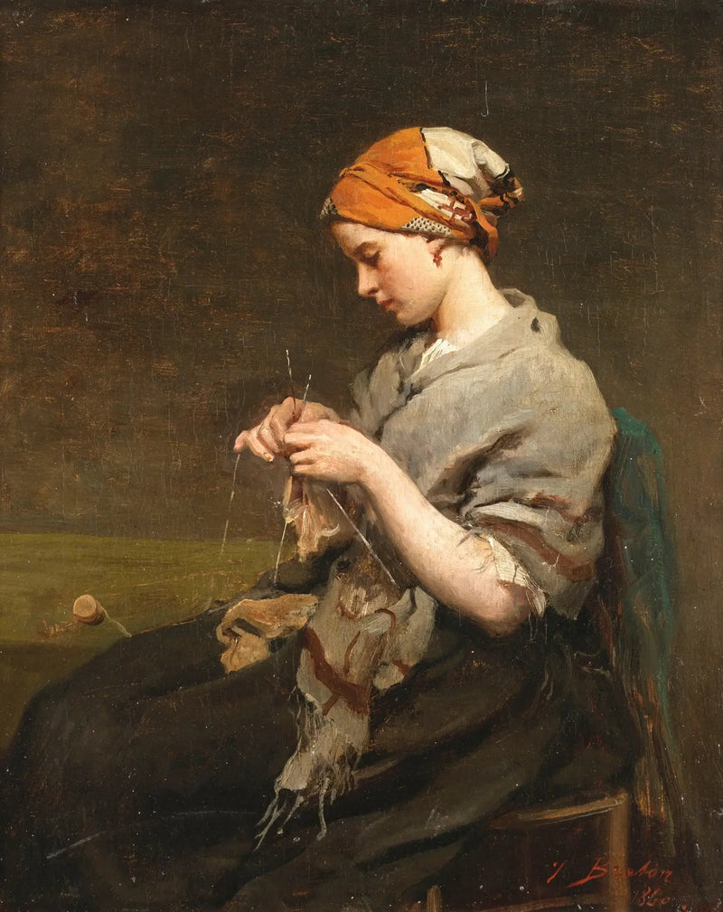 Unge pige, der strikker (version 2) - Jules Breton