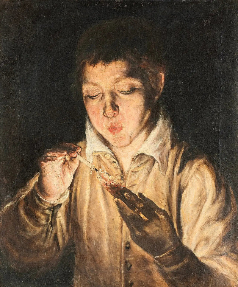 Unge dreng, der puster på en glød - El Greco