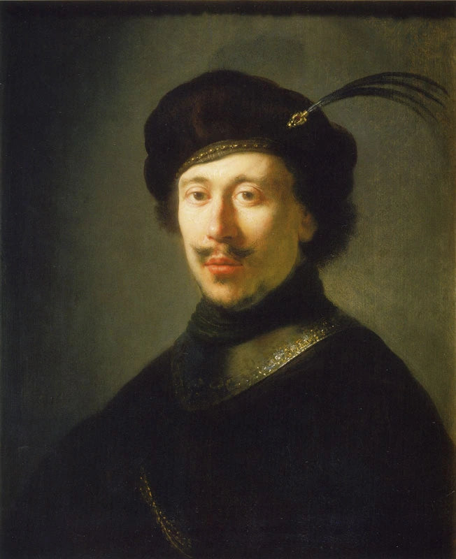 Mandbuste i gorgerin og fjerhat - Rembrandt