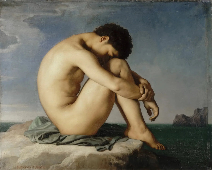 Ung mand uden tøj sidder ved havets kant - Hippolyte Flandrin