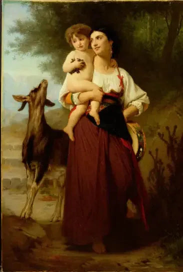 Ung mor i landdragt med sit barn og en ged - Bouguereau