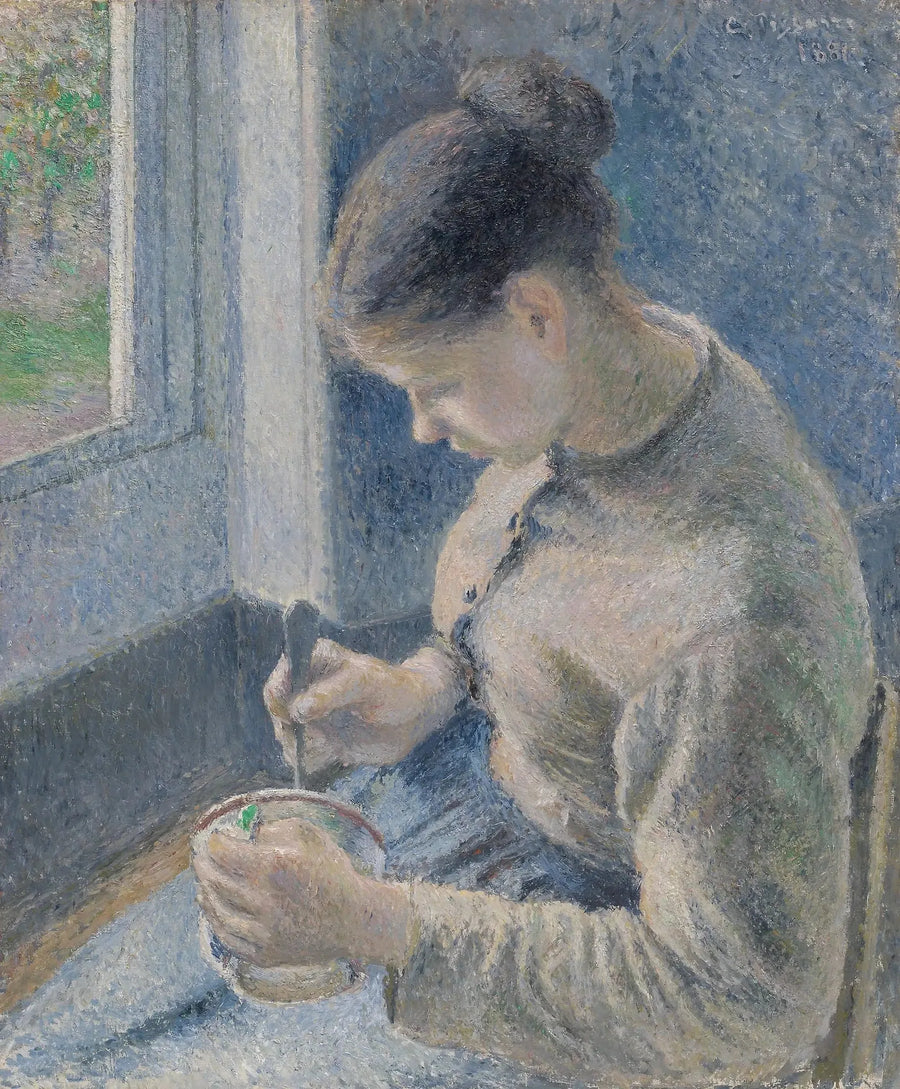 Ung landkvinde der drikker sin kaffe - Camille Pissarro