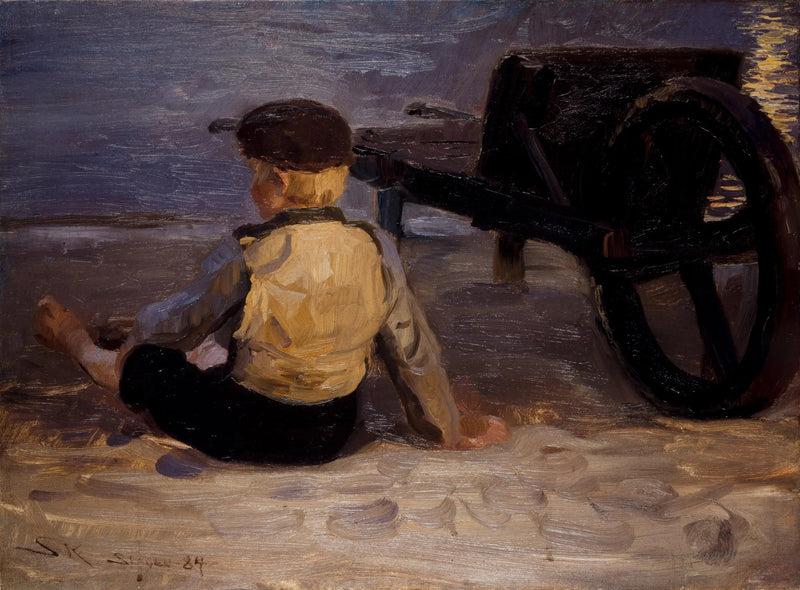Ung fisker siddende ved siden af en skubbevogn. Sydstrand i Skagen. - Peder Severin Krøyer