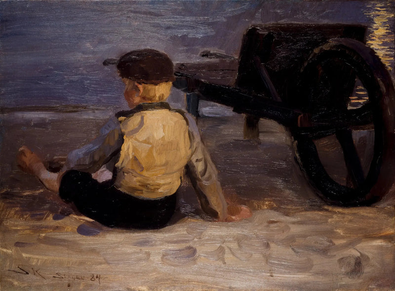 Ung fisker siddende ved siden af en skubbevogn. Sydstrand i Skagen. - Peder Severin Krøyer