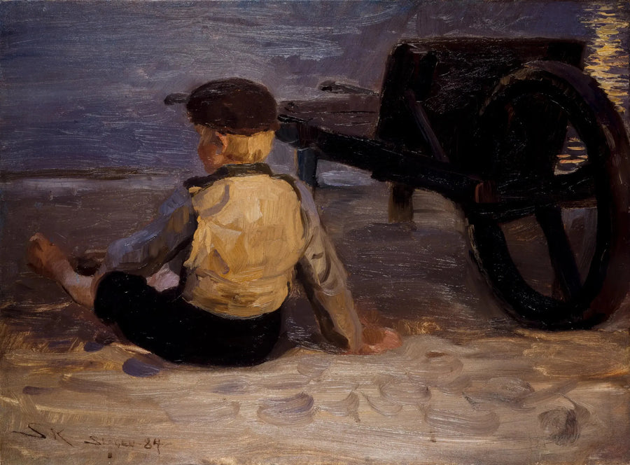 Ung fisker siddende ved siden af en skubbevogn. Sydstrand i Skagen. - Peder Severin Krøyer