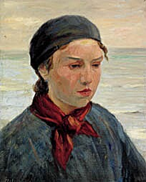Ung fiskerkvinde med et rødt tørklæde om halsen. - Michael Peter Ancher