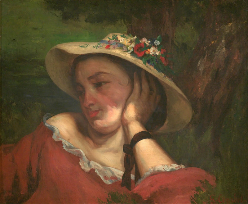 Unge damer ved bredden af Seinen – fragment af et maleri (Kvinde med blomster på sin hat) - Gustave Courbet