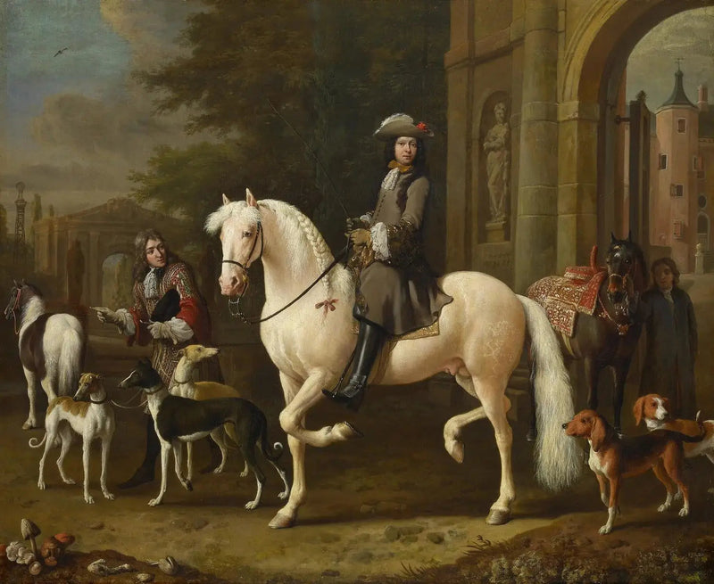 Johan Ortt (1642-1701) på hest krydser porten til Nijenrode-slottet - Melchior de Hondecoeter