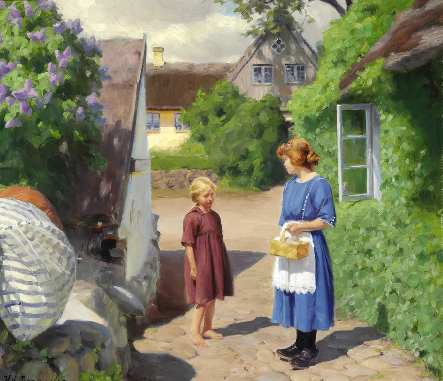 Sommerdag i Jyllinge. Liljer i blomst og små piger i landsbyens gade. - H. A. Brendekilde