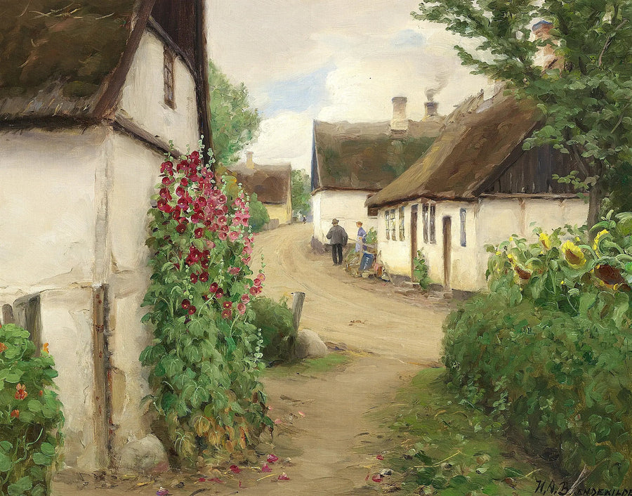 Sommerdag i en landsby med solsikker og røde stokroser. - H. A. Brendekilde
