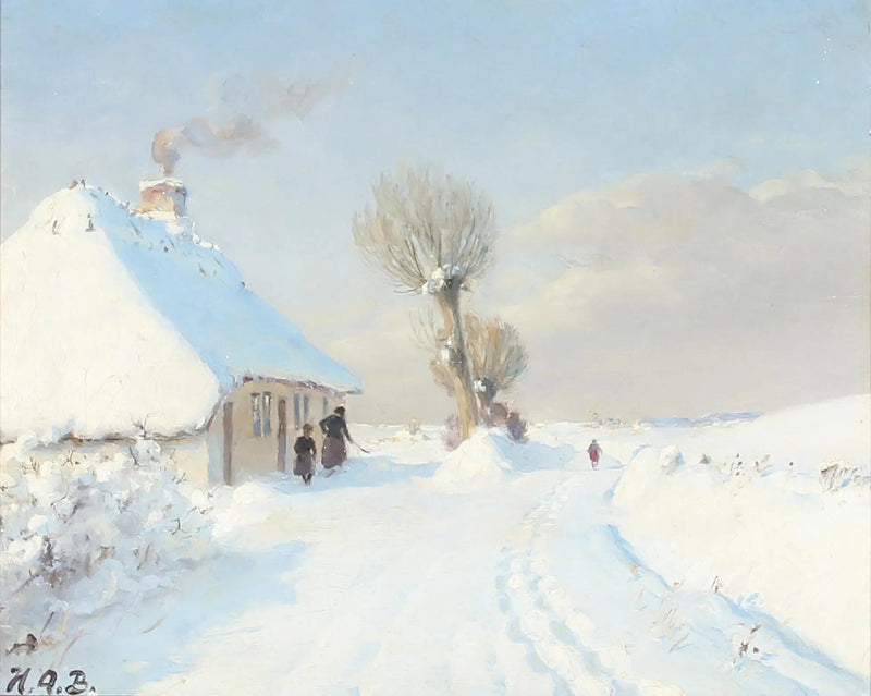 Solrig vinterdag med mor og barn foran en hytte. - H. A. Brendekilde