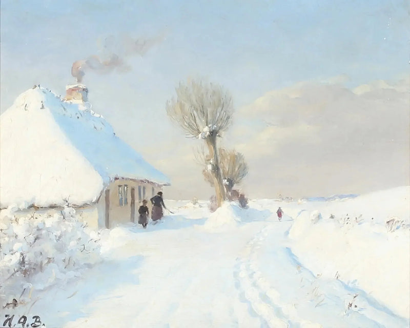 Solrig vinterdag med mor og barn foran en hytte. - H. A. Brendekilde